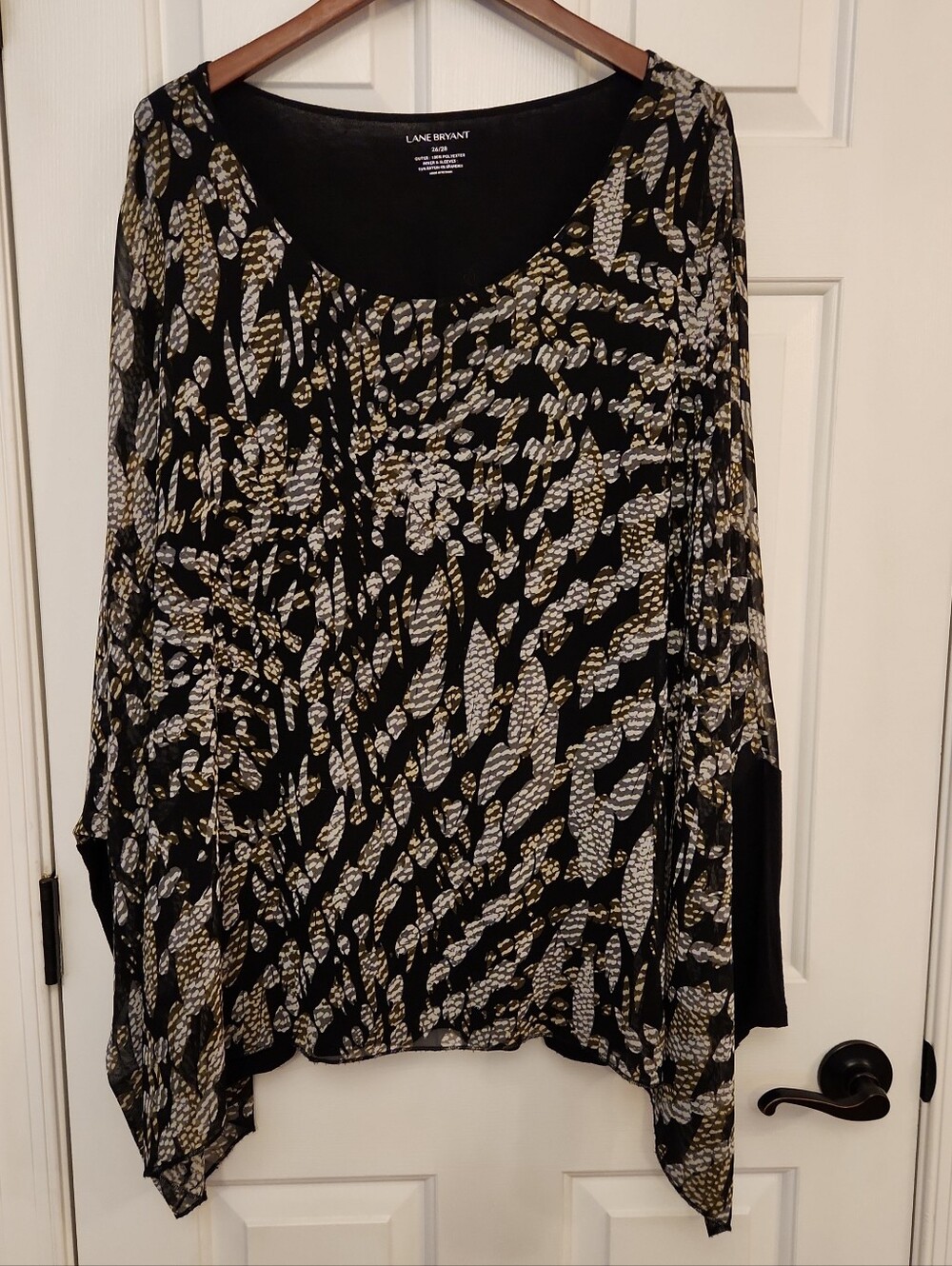 Lane Bryant Plus Black Abstract Print Overlay Layered Blouse Chiffon Knit Sleeve